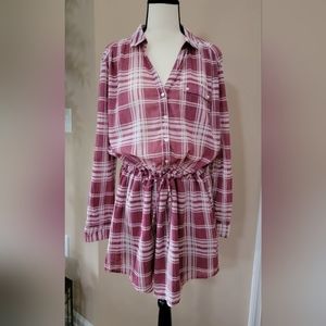 Soft Joie Plaid Shirt Dress Size Small Pink White Drawstring 100% Cotton Crepe